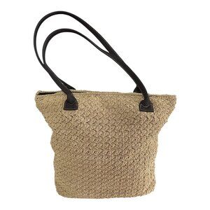Y2K Era Woven Tote Bag Straw-Look with Brown Faux Leather Handles – 60% Cotton 4